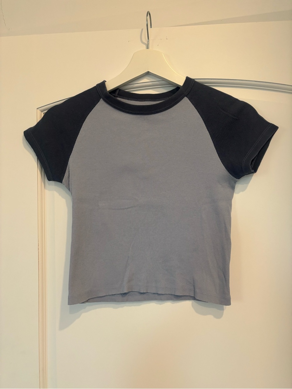 Brandy Melville Ribbed Contrast Neck Tee - Light Blue & Blue